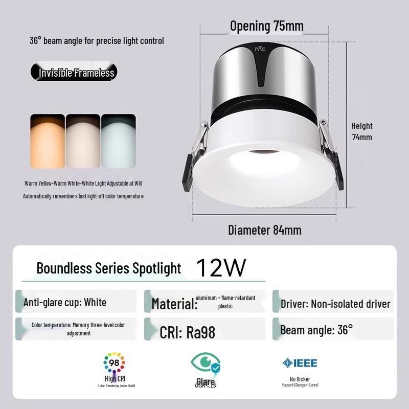 NVC Lighting Frameless LED Spotlight - Anti-Glare, Full Spectrum, Wall Washer, Recessed for Living Room