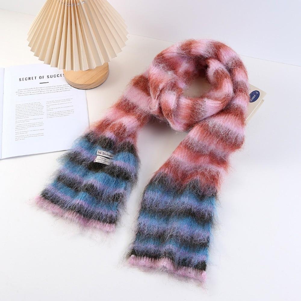 New Striped Winter Cashmere Scarf Soft Warm Woolen Scarves Mohair Rainbow Color Thickened Shawl Wrap Women