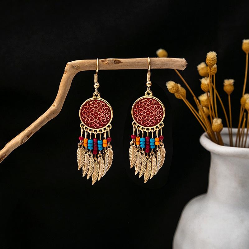 Bohemian Owl Bronze Filigree Earrings with Turquoise Tassels