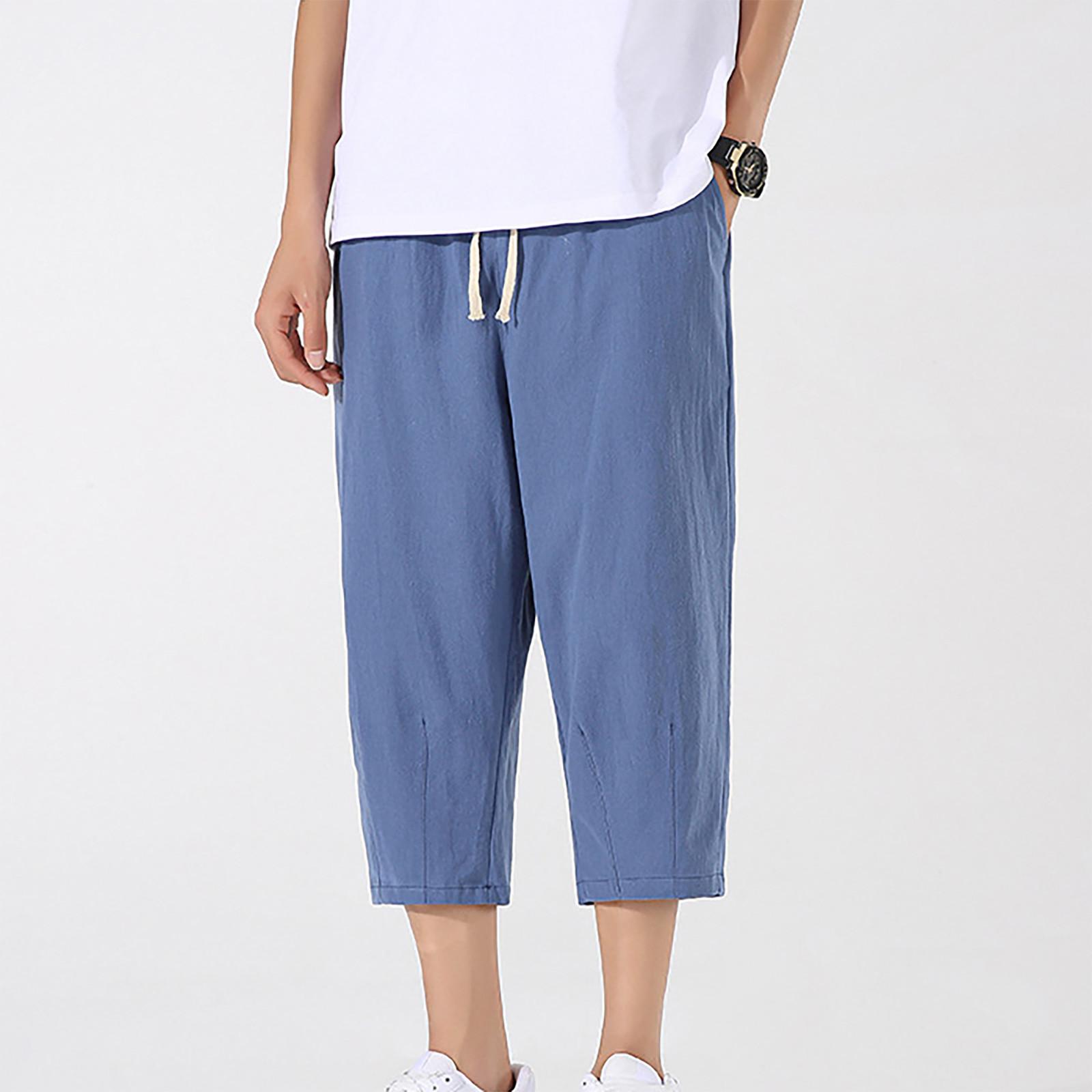 Men s Casual Loose And Comfortable Casual Pants Cotton Linen  Drawstring Trousers XL синий