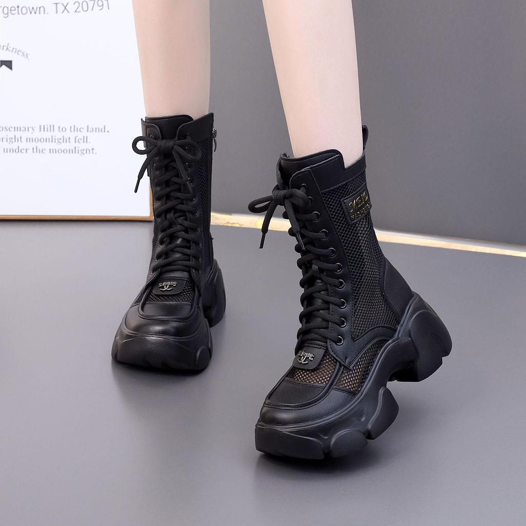 2025 Genuine Leather Women's Mesh Martin Boots, Thick Sole, 7cm Height Boost, Spring/Summer Style, Lightweight and Breathable Design.