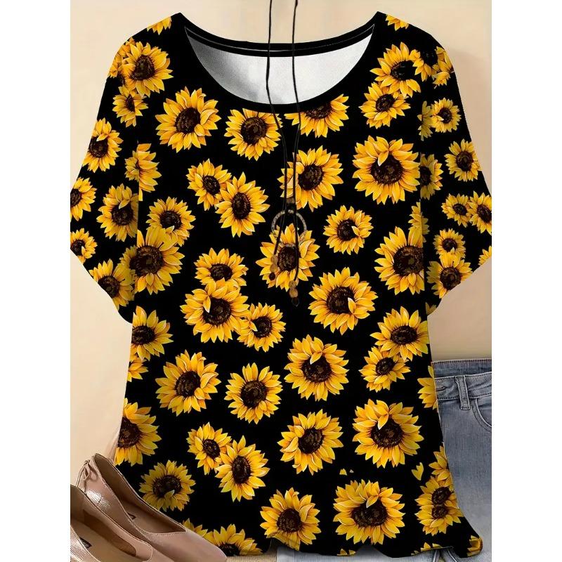 Plus Size Women's 3D Printed Sunflower Pattern T-shirt An Elegant Casual Crew Neck Short Sleeved Top