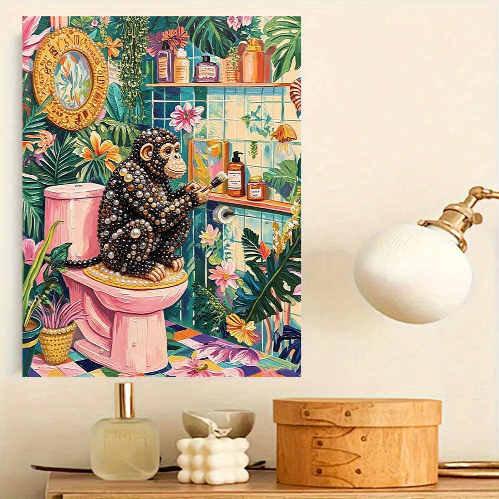 Elegant Framed Pearl Art DIY Set with Tropical Monkey Bathroom Design 5D Sparkling Bead Canvas Painting Ready to Display Romantic Home Decor Gift