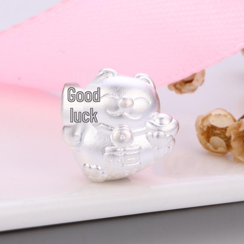 S999 Sterling Silver Lucky Cat Wealth-Attracting Bead – DIY Handmade Jewelry Material with Fu Character