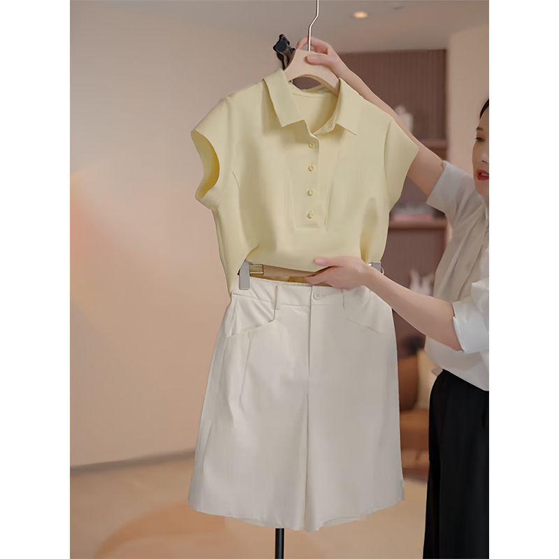 2026 Women's Chic Polo Collar Set: Stylish Solid Color Short Sleeve T-shirt for Summer Commutes