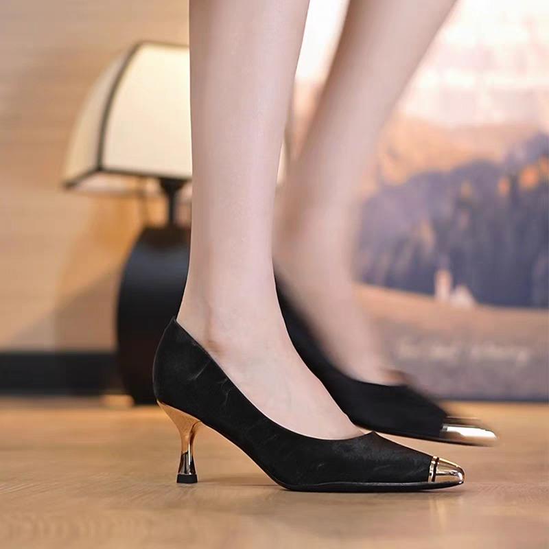 Fashion Metal Toe Stiletto Single Shoes Women's Fashion Pointed Toe Shallow Suede Non-Slip Wear-Resistant High Heels