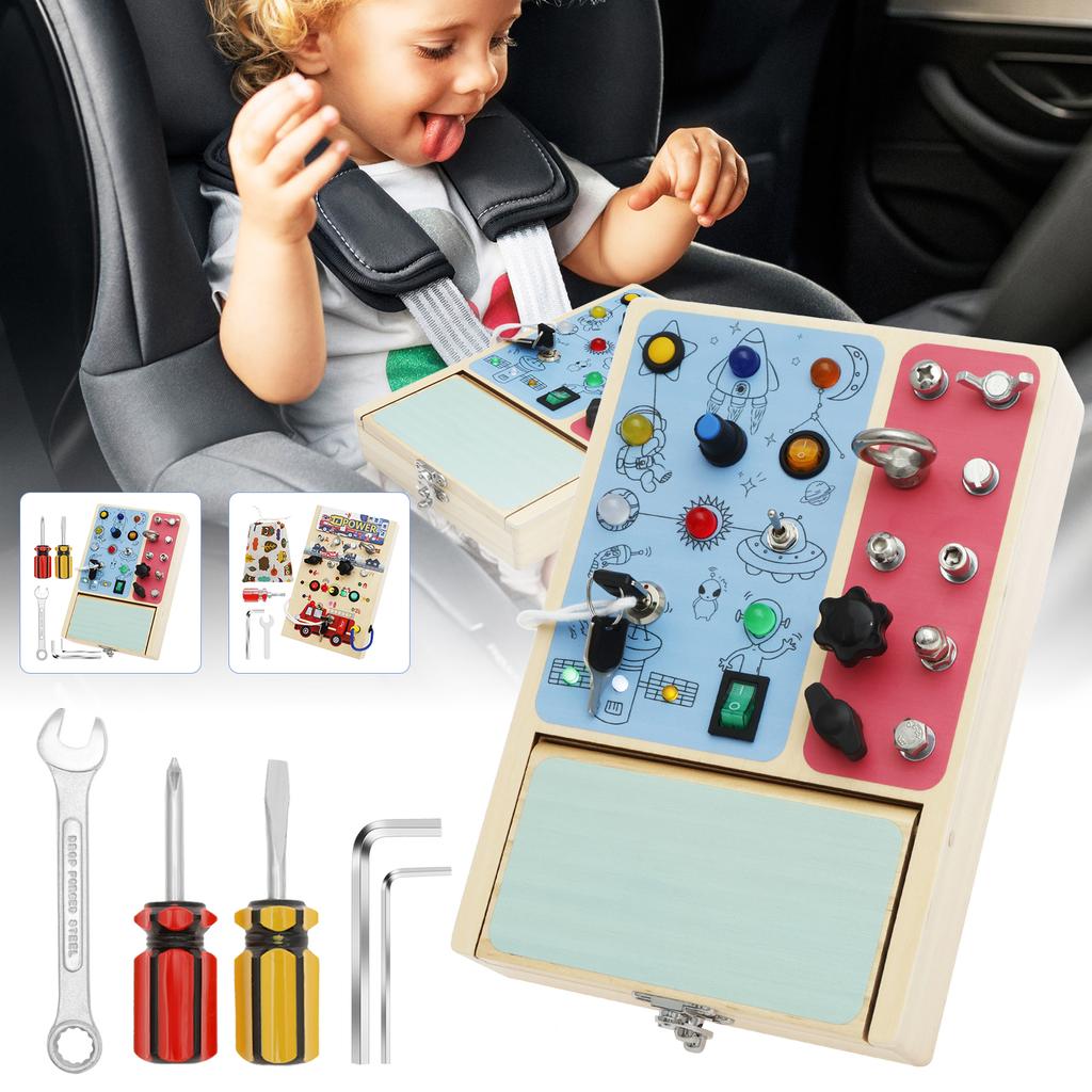 Montessori Wooden Busy Board with LED Light Switches, Sensory Toys Light Switch Fidget Board Travel Toys for Toddler