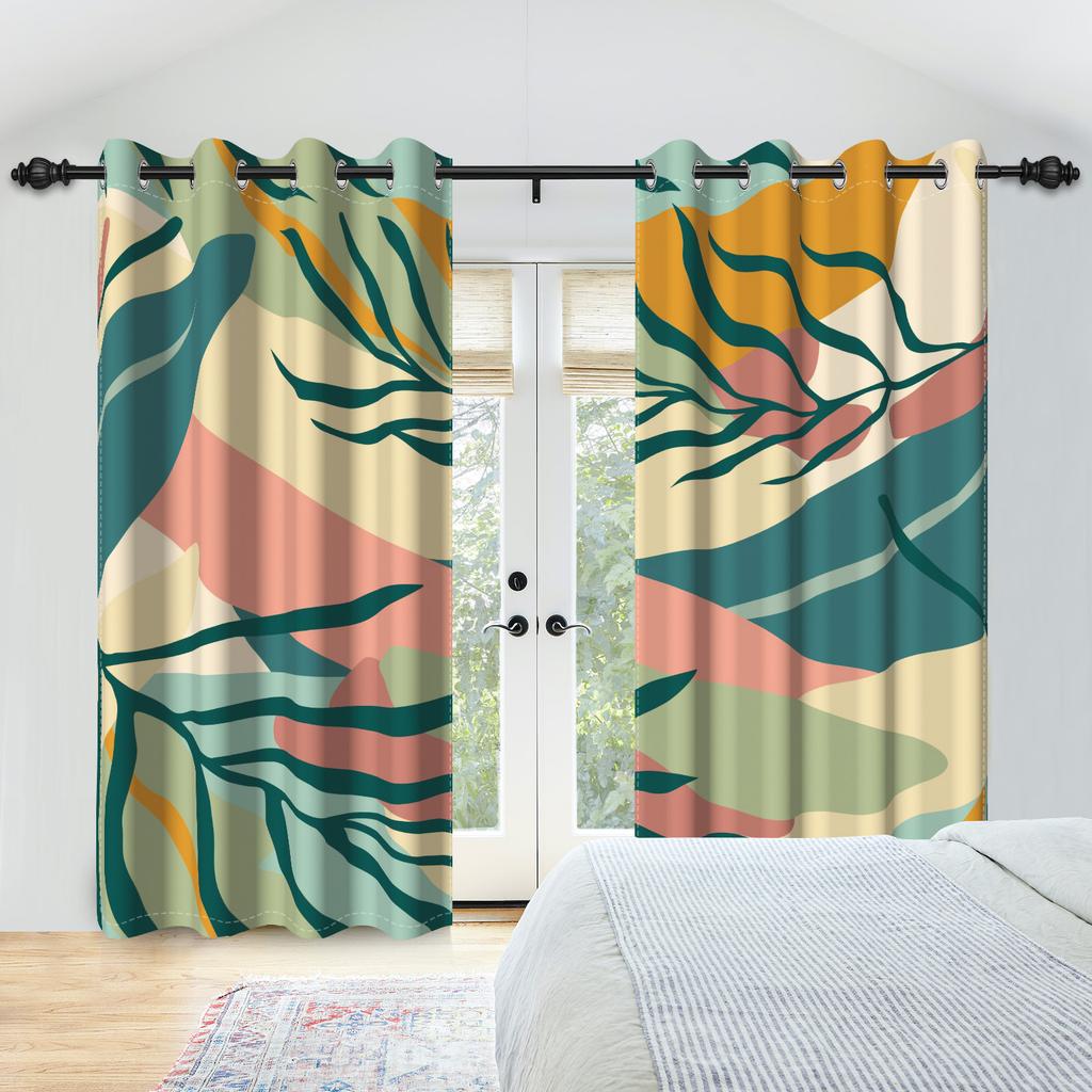 2pc Modern Leaves Window Curtains Home Interior Curtains Medieval Minimalism Nordic Abstract Bedroom Curtains Polyester Fabric