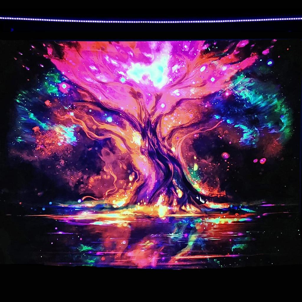 Trippy Mushroom Forest Blacklight Tapestry 2D Flat Printed UV Reactive Peach Skin Fluorescent Wall Hanging Bedroom Room Decor