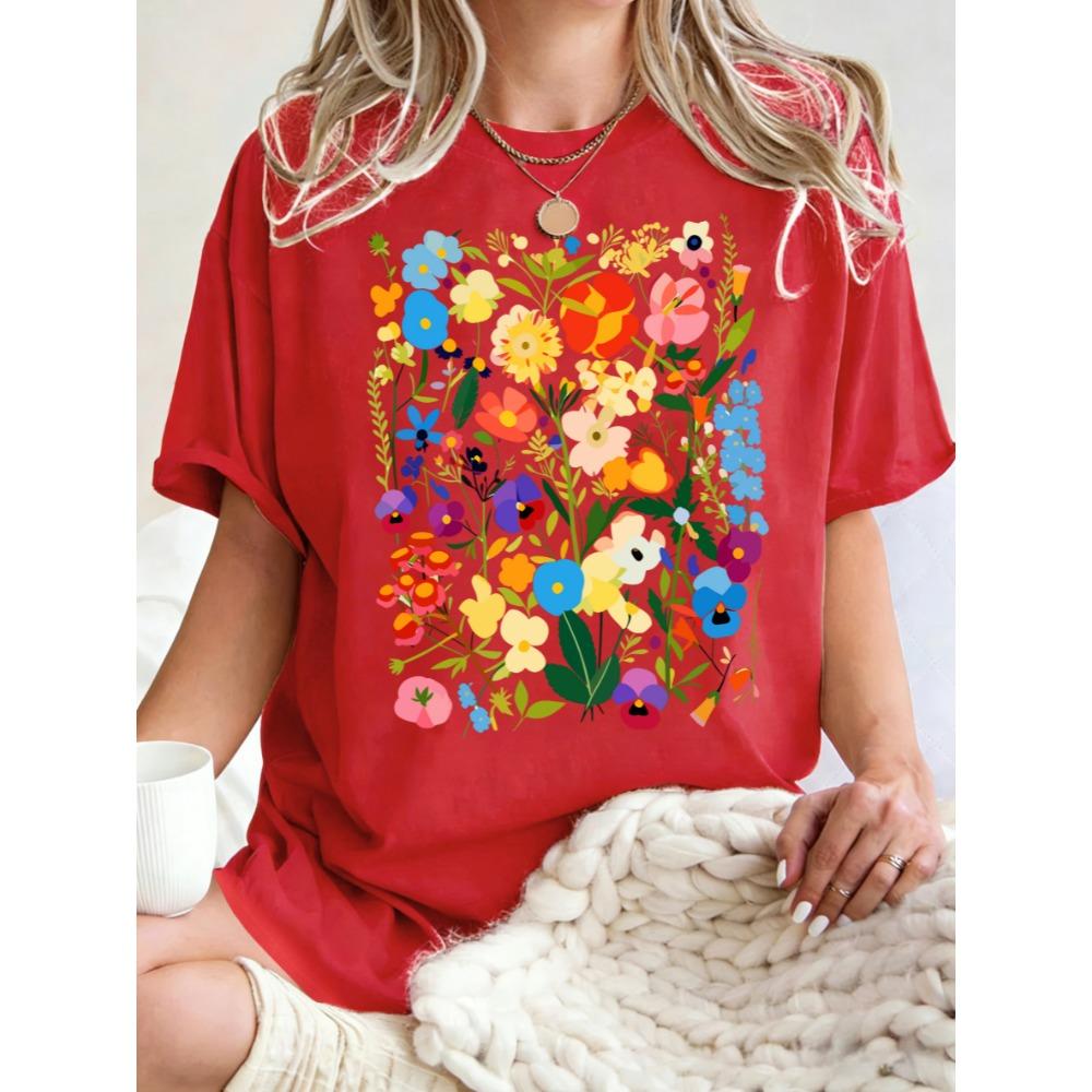 

Богемная Женская Футболка с Цветным Цветочным Дизайном Повседневная Y2K С Короткими Рукавами Универсальная Хлопковая Футболка Оверсайз Летняя S