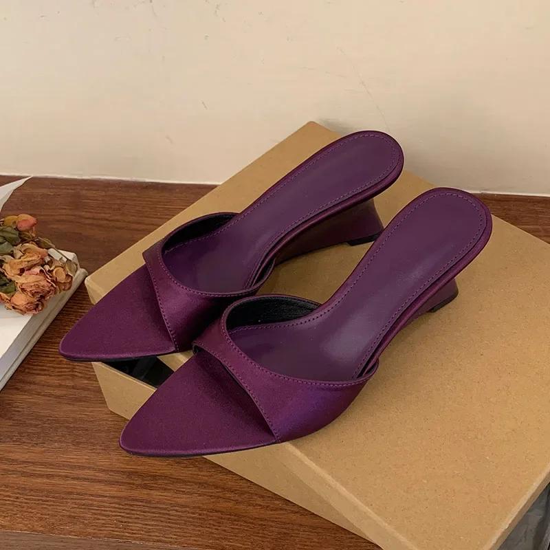 

High Quality Satin Shallow Brand Slippers Women Fashion Pointed Toe Wedges Design Slide Sandals Elegant Sexy Open Toe Dress Shoe 39 фіолетовий
