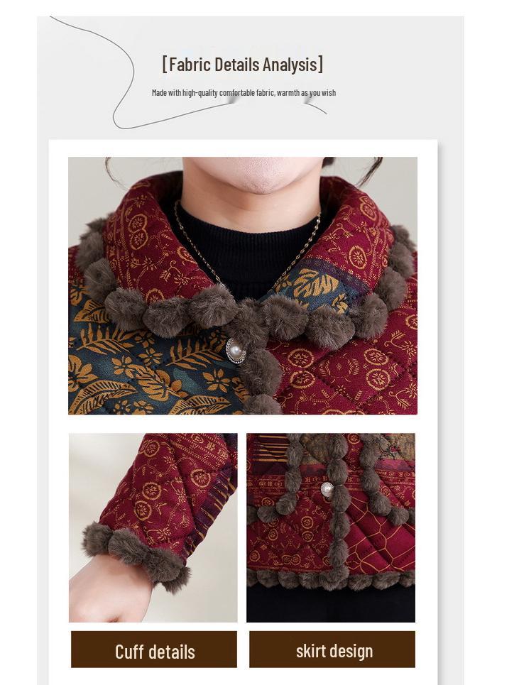 Stylish Floral Plush-Lined Cotton Jacket for Mid-Aged and Elderly Women - Warm, Loose Fit with Lapel