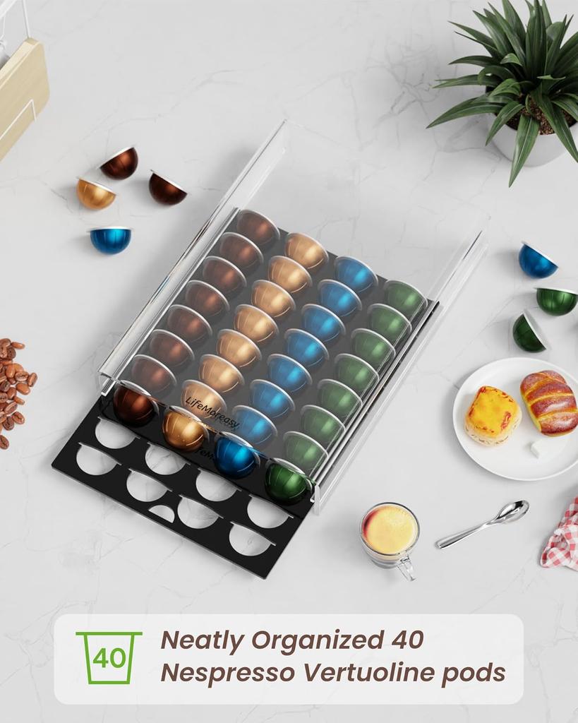 Aufbewahrungsschublade für Nespresso Vertuo Kaffeekapselhalter für die Arbeitsplatte Acryl Kaffee-Kapsel-Organizer - 40 Kapseln