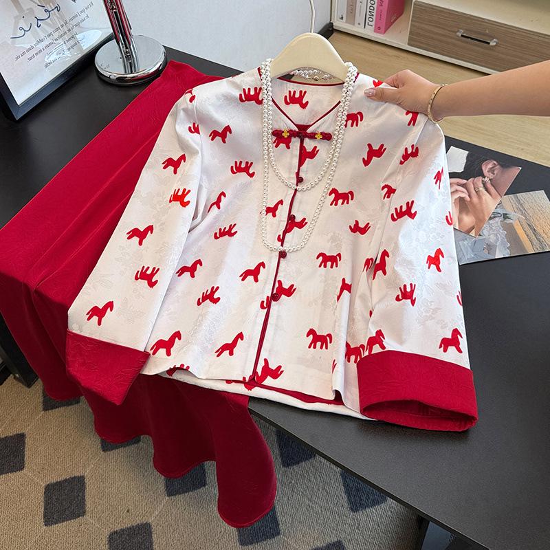 

Year of the Horse Silk Jacquard Plus Size Coat with Frog Buttons - New Chinese Style for Spring Medium