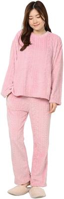CELESTE RANA Damen Pelz-Fleece Set, Langarm-T-Shirt und Konische Hose, Loungewear, Schlafanzug, Größen M-L, Rosa (Zopfmuster)