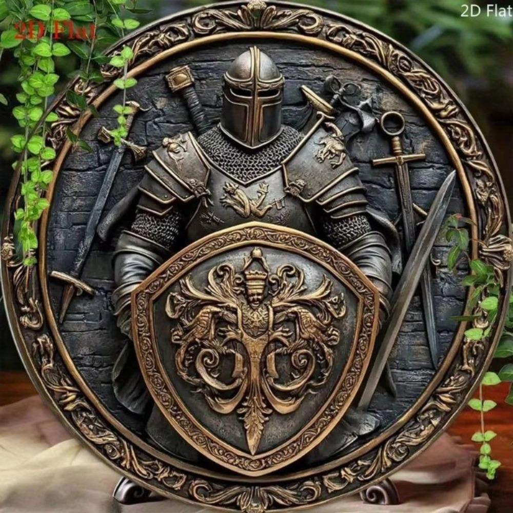 Medieval Knight Shield Sword Aluminum Metal Wall Art Vintage Armor Decorative Plaque 8x8 Inch