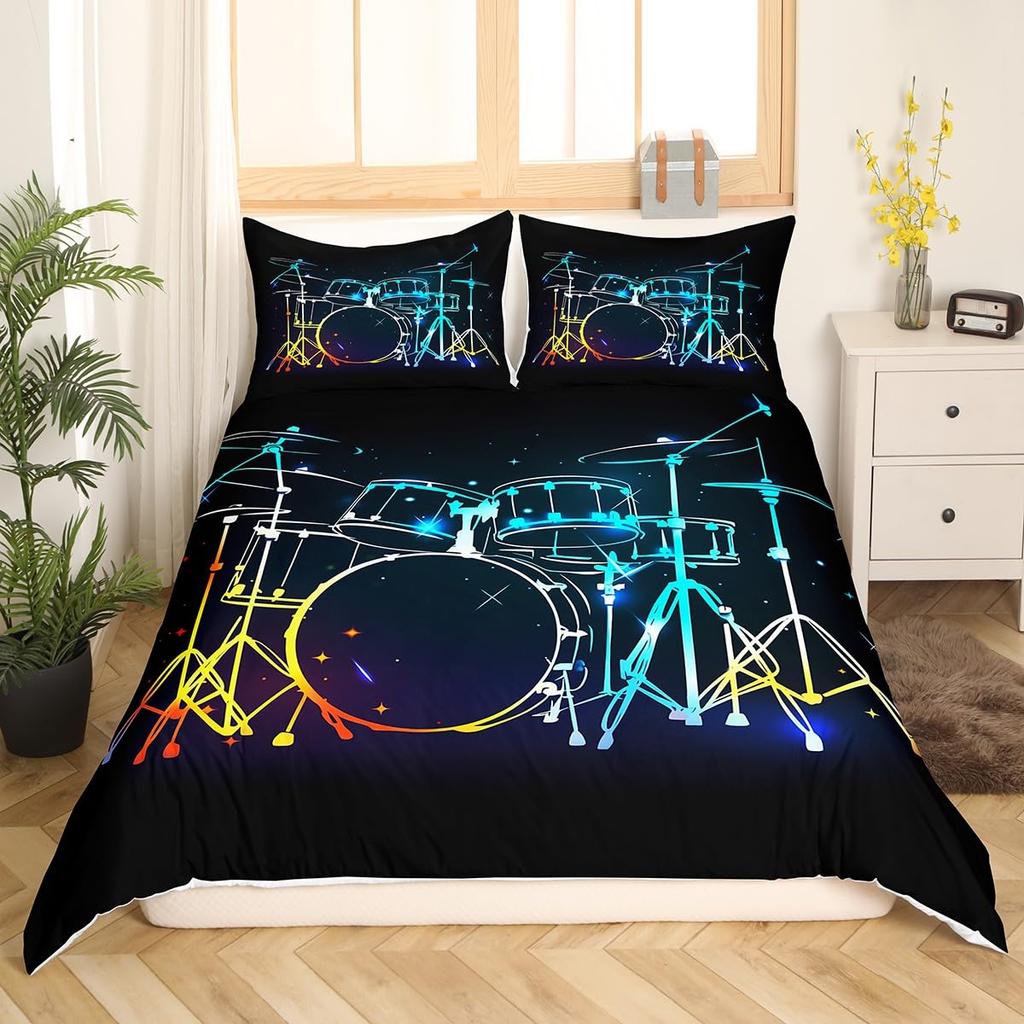 Drum Kit Duvet Cover Sets For Kids Boys Teens Queen Lightweight Quilt Covers Classical Music Bedding Set Room Decor No Comforter