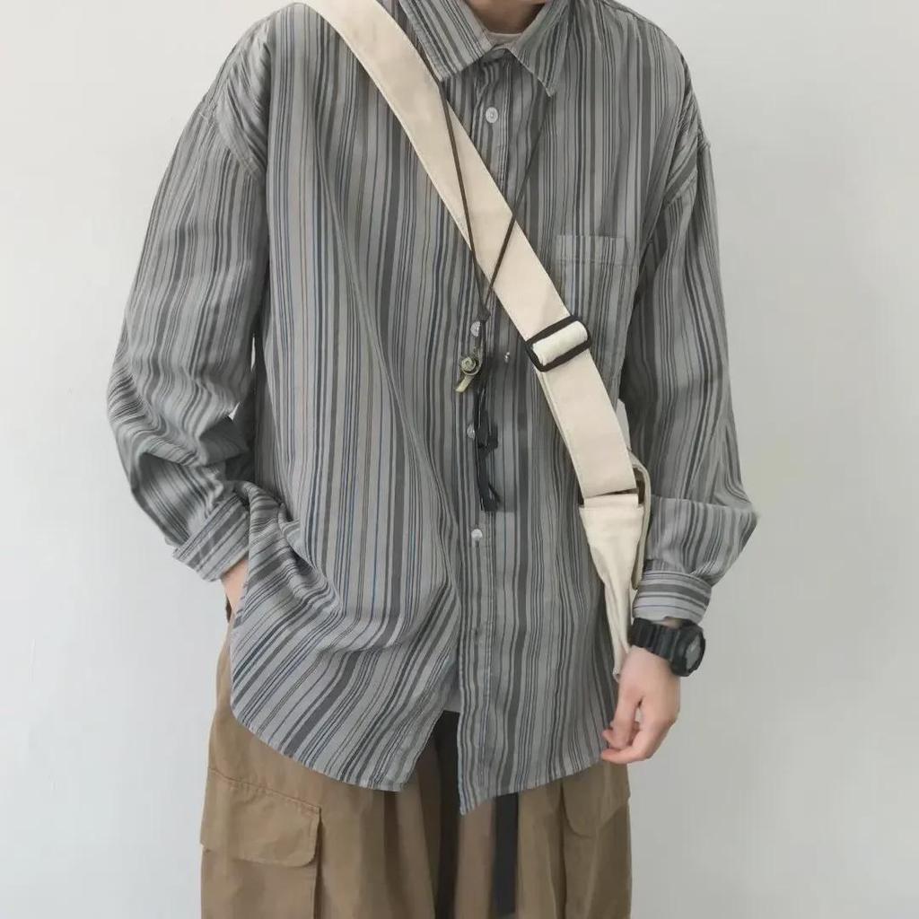 Herr Japansk Retro Randig Långärmad Skjorta - Vår/Höst, Lös Passform, Unisex Trendig Stil.