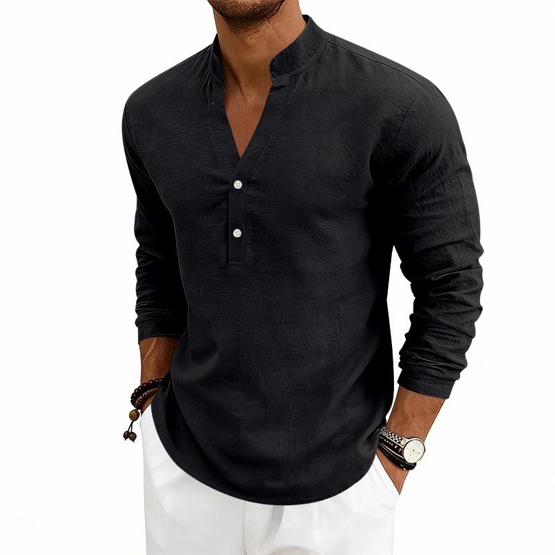 Nueva Colección de Lino de Otoño: Camisa Henley Casual para Hombre, de Corte Holgado y Transpirable, con Cuello en V