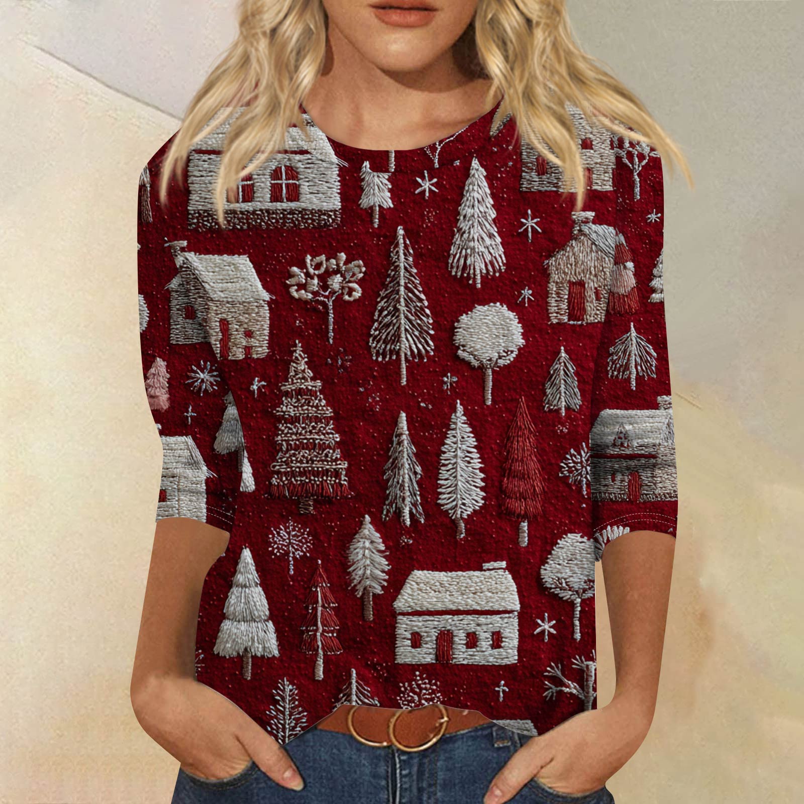 

Женская модная повседневная футболка с рукавом три четверти, принтом на Хэллоуин и круглым вырезом XL винный