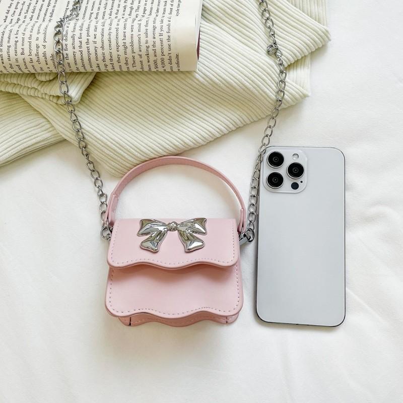 Cute Color Solid Silver Bow Decoration Kid Mini Shoulder Chain Bag Daily For