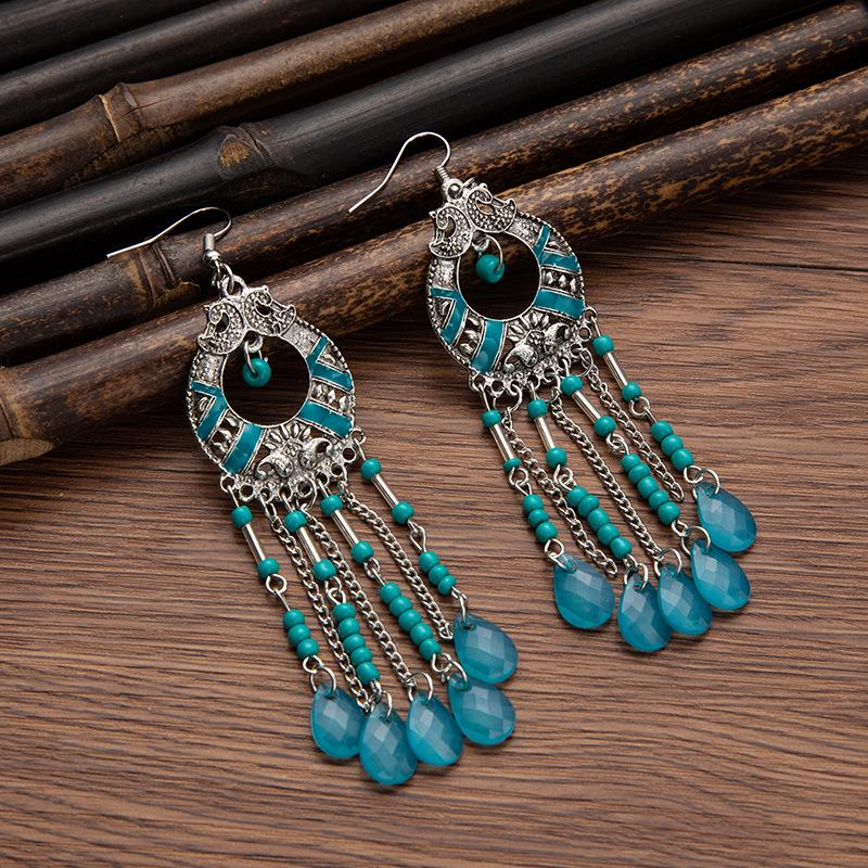 Bohemian Cross-Border Handmade Water Drop Rice Bead Tassel Earrings for Travel Photography