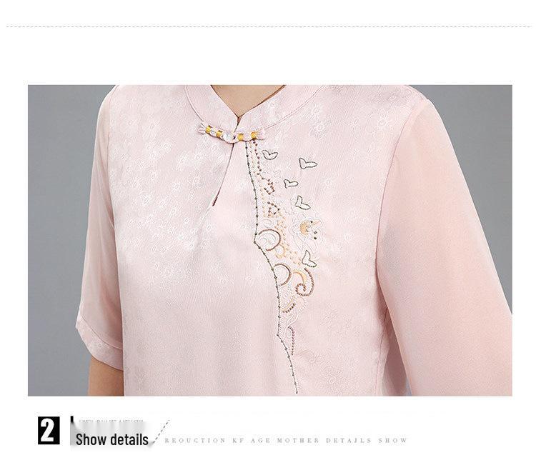 Spring & Summer Chinese Style Embroidered Chiffon Blouse for 50-Year-Old Women with Seven-Point Sleeves