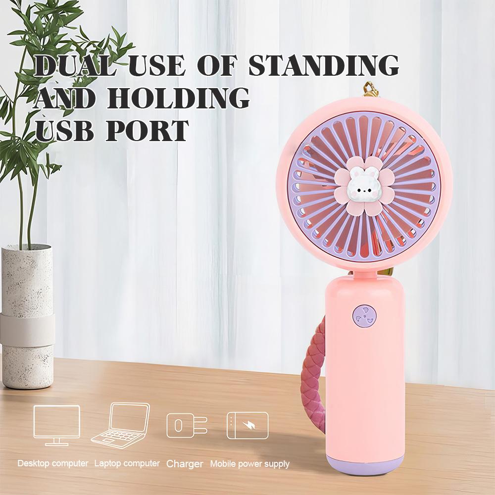 2024 New Handheld Charging Fan Cartoon Cute Small Student Charging Mini Fan with Wrist String Portable Pocket USB Fan Silent