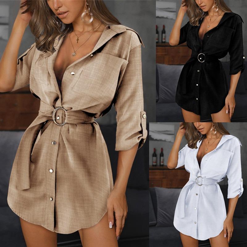Women S Solid Color V Neck Belted Shirt Dress A Line