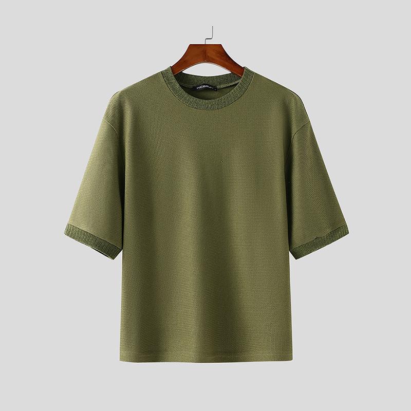 

INCERUN Летние мужские футболки с круглым вырезом, коротким рукавом, текстурой стежка, полые, повседневные, свободные топы 4XL зелёный