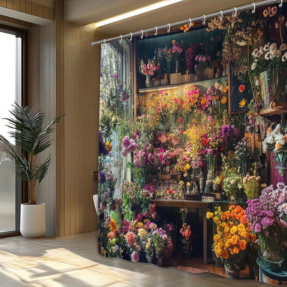 

1pc Vibrant Floral Shop Shower Curtain, Colorful Pink/Purple/Yellow Flowers on Wooden Shelves Design, Polyester,Machine Washable W90xH180cm