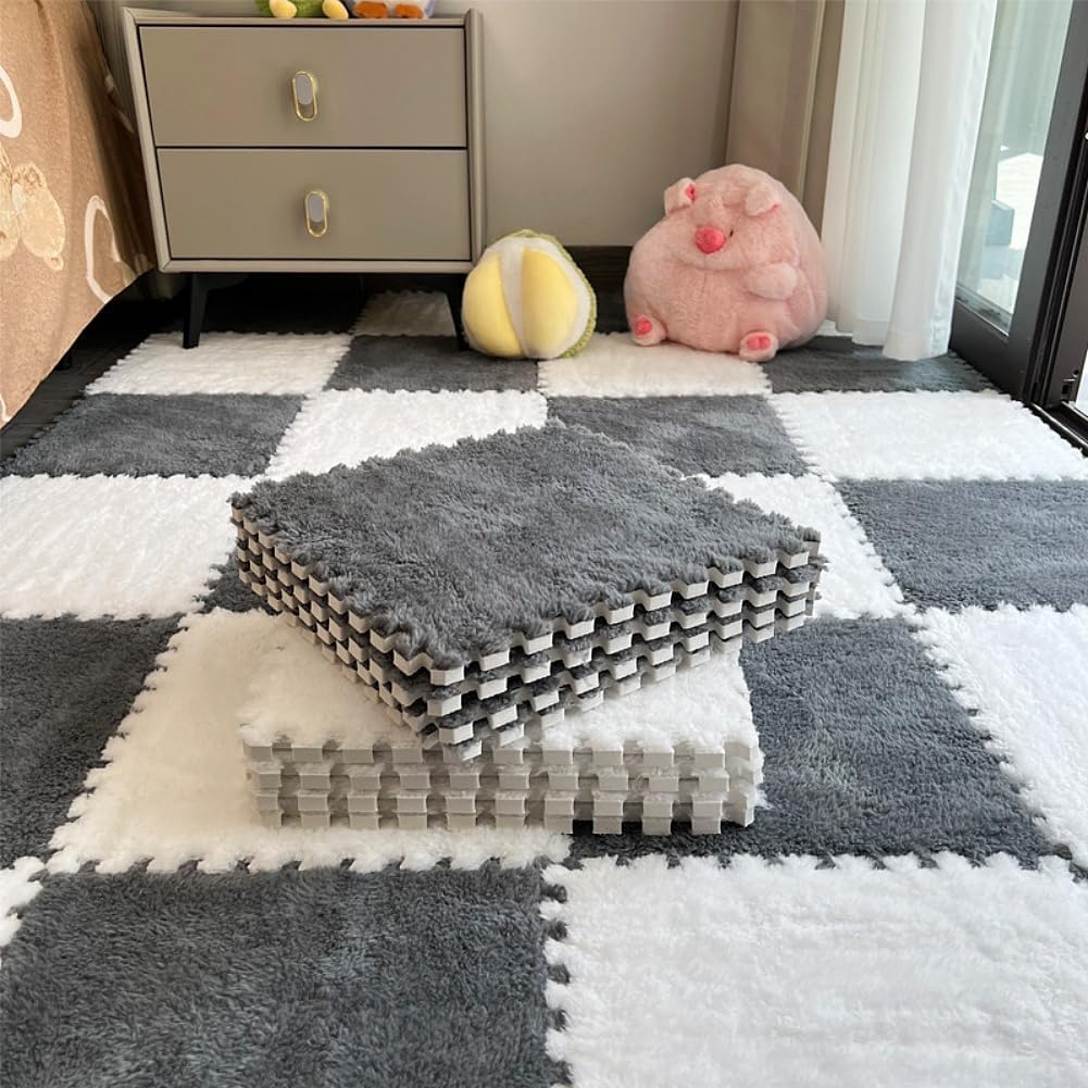 10Pcs Carpet Squares Puzzle Floor Mat Plush Interlocking Carpet Tiles Fluffy Area Rugs Protective Floor Tiles Exercise Play Mat