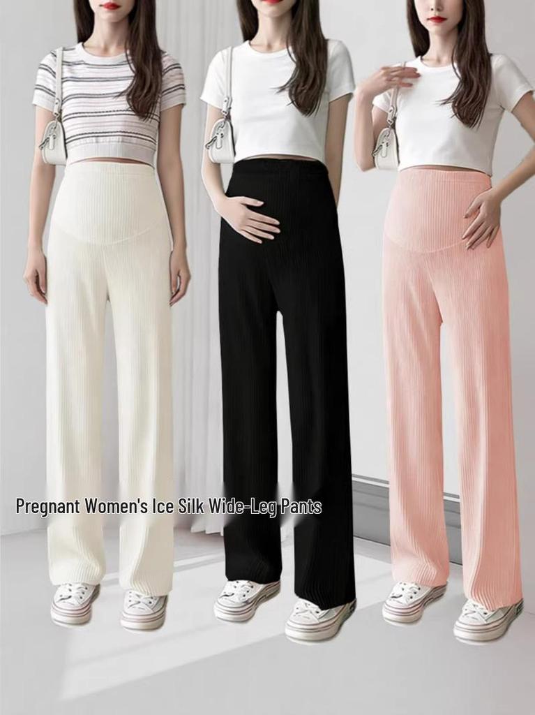 Maternity Wide-Leg Ice Silk Pants - Lightweight, Loose, Plus Size, Tummy Support, Straight Leg, Nine-Point Length for Spring/Summer