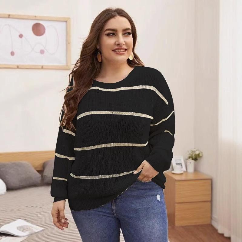 Large size women's sweater autumn and winter European and American knitted sweater women's sequins elegant wind extra large size