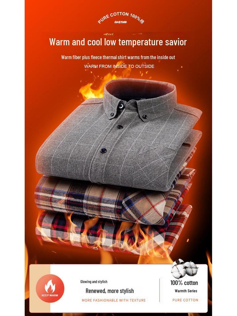Men's Long Sleeve Cotton Plaid Shirt with Velvet Lining