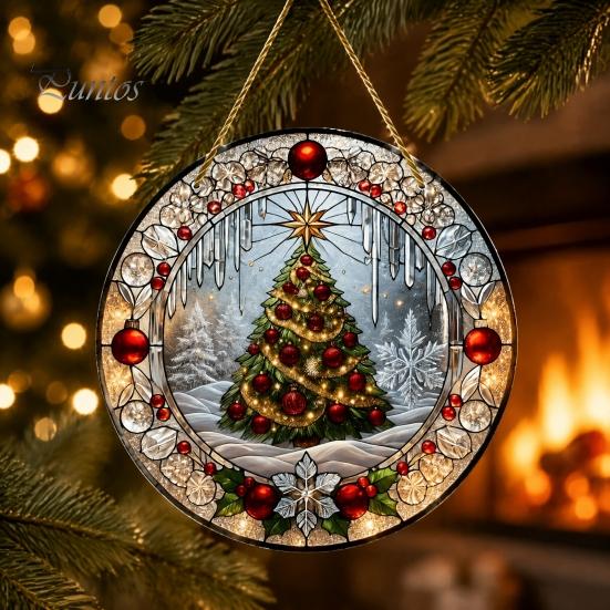 Retro Christmas Tree Hanging Pendant Stained Glass Style Acrylic Window Hanging, Snow Scene Indoor Xmas Party Decorations Suncatcher, Door Home Decor