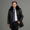 Men's Mid-Length Leather Coat with Fox Fur Collar and Detachable Rabbit Fur Liner – Thick, Warm, Plus Size Jacket for Mid-Aged and Elderly.