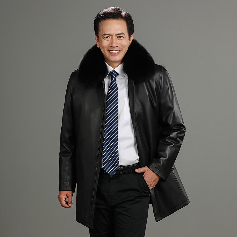 Men's Mid-Length Leather Coat with Fox Fur Collar and Detachable Rabbit Fur Liner – Thick, Warm, Plus Size Jacket for Mid-Aged and Elderly.