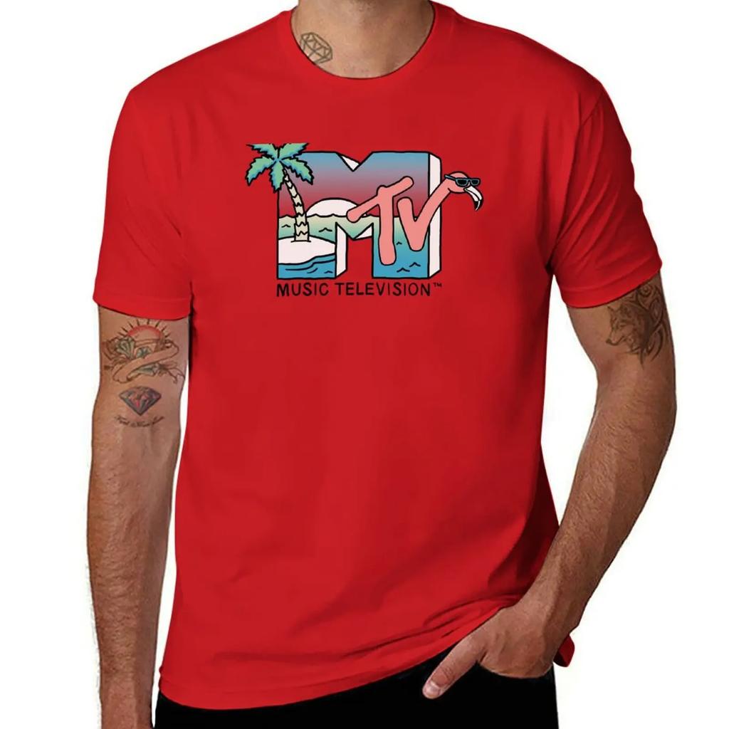 MTV Retro Beach Flamingo Scene Logo TShirt vintage Short sleeve tee cotton graphic tees black t shirts for men