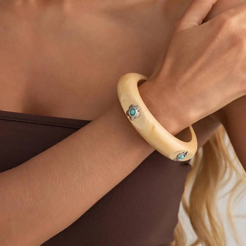 IngeSight.Z 3Style Vintage Creative Wooden Chunky Bangles Bracelet Women Ethnic Style Inlaid Flower Stone Hand Accessory Jewelry