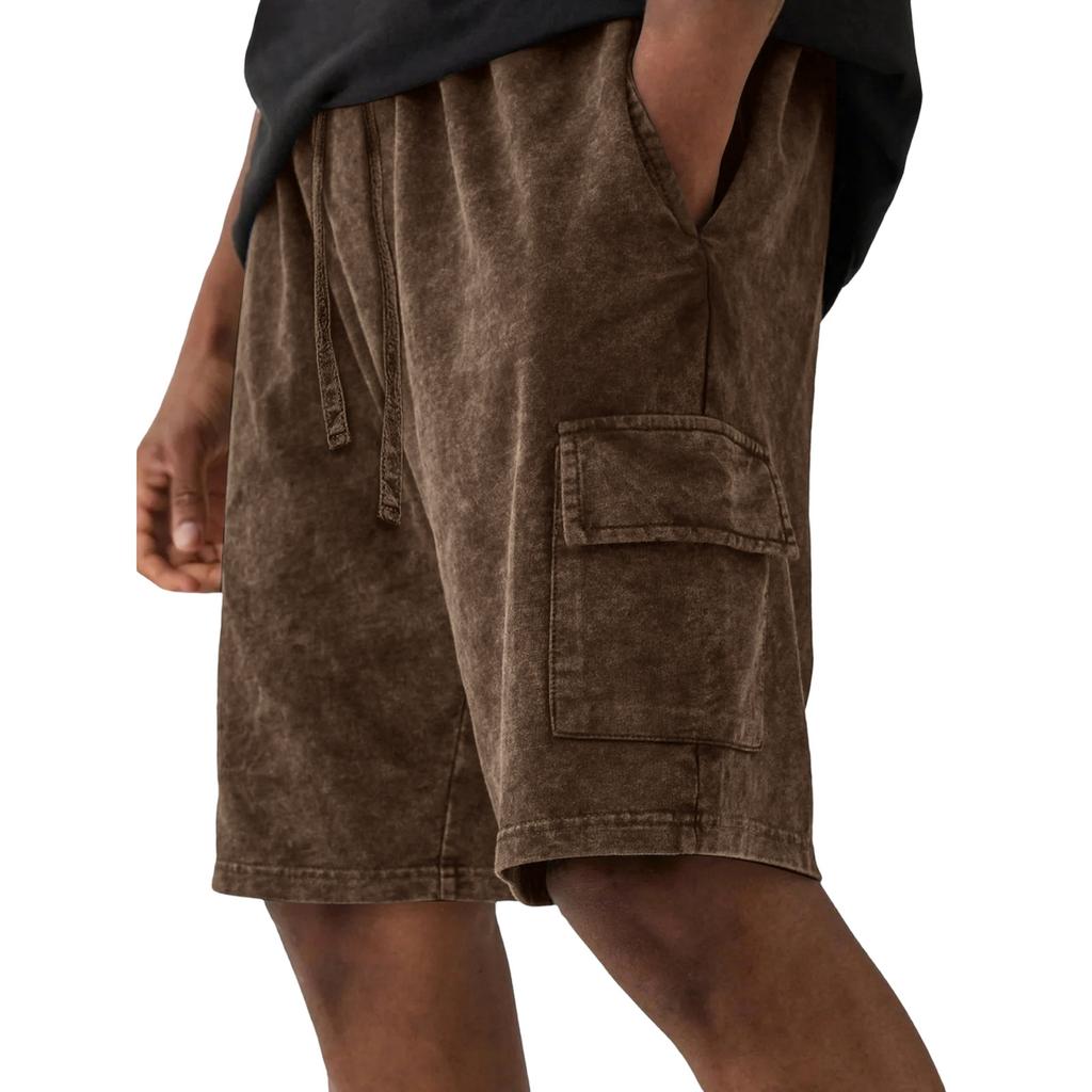 Men's Casual And Fashionable Water-washed Cotton Loose-fitting Shorts - Men's Multi-pocket Workwear Drawstring Shorts