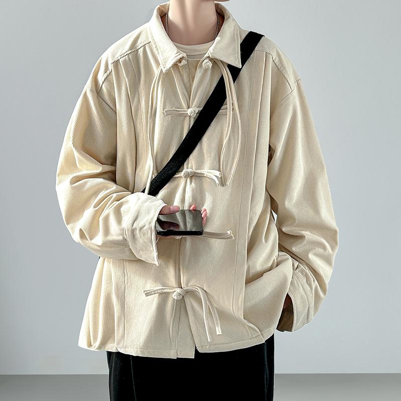 

2025 Men Retro Chinese Style Corduroy Shirt Men Frog Buttons Shirts Men s Traditional Stand Collar Button-Up Shirt Vintage Tops 2XL бежевый