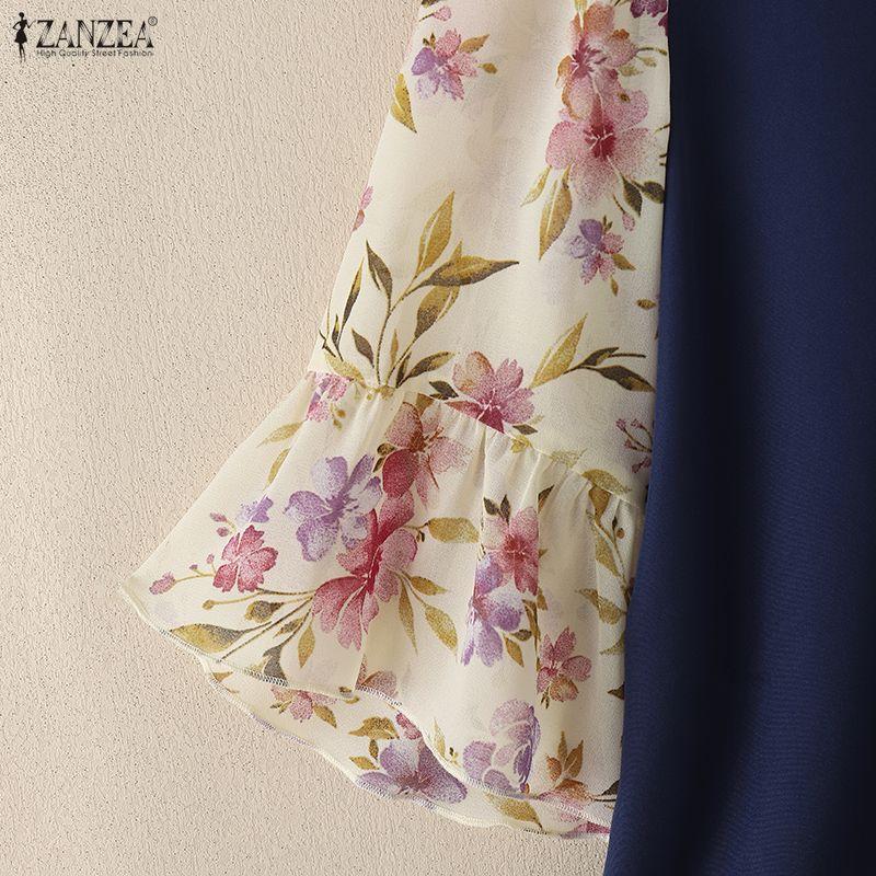 ZANZEA Women Floral Print Splice 3/4 Sleeve Casual V-Neck Blouse