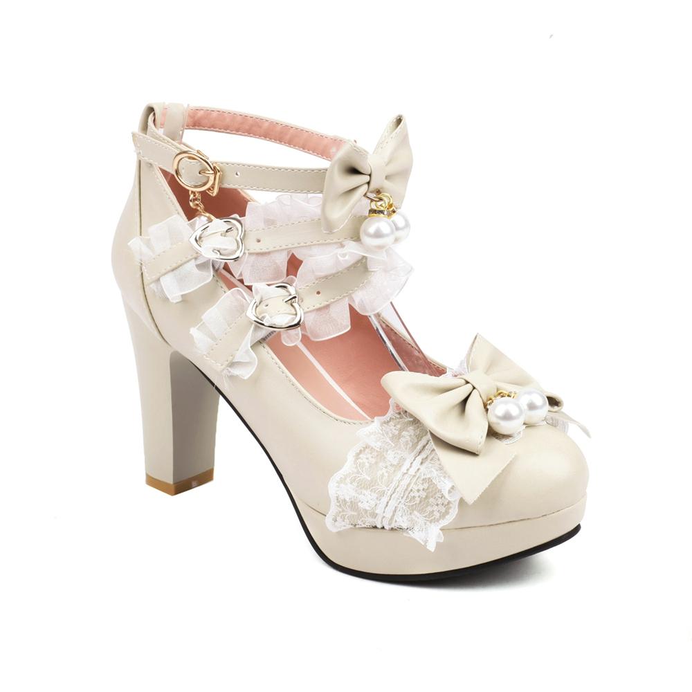 Womens Lolita Gothic Pumps High Heel Lace Cross Strap Bow Tie Bead Sweet Cosplay Party Shoes Round Toe Dress Footwear