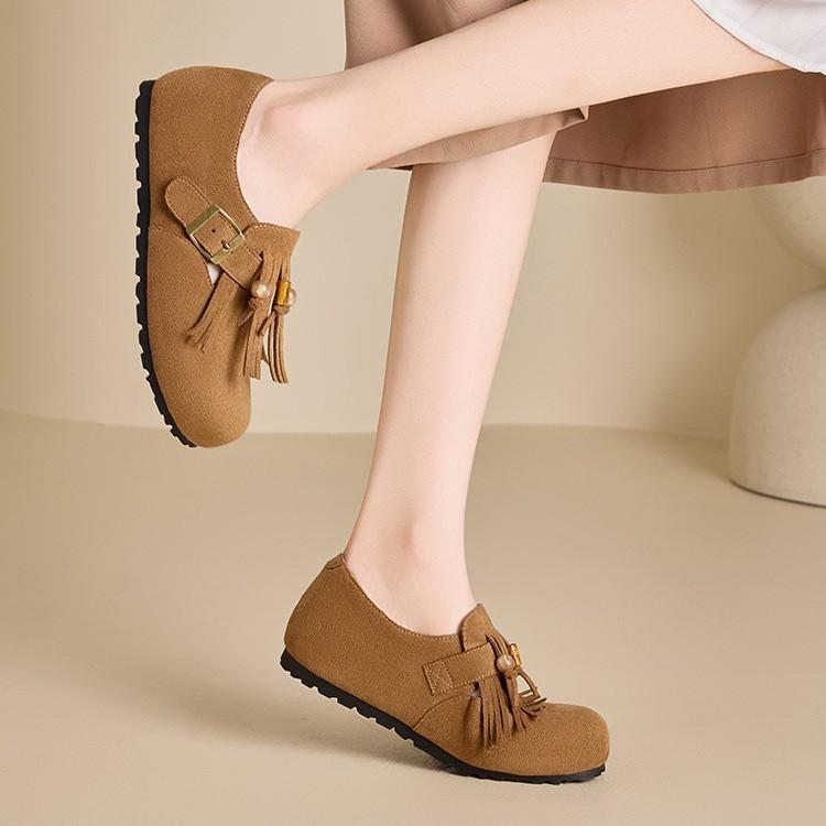 Flat Bottom One Pedal Fringed Shoes Women Wear Spring and Summer Retro Mori Bag Head Half Drag Muller Single Shoes Good-looking Versatile Women