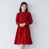 Girls' Red Ruffle Stand Collar Long Sleeve Waist-Hugging Dress for Autumn