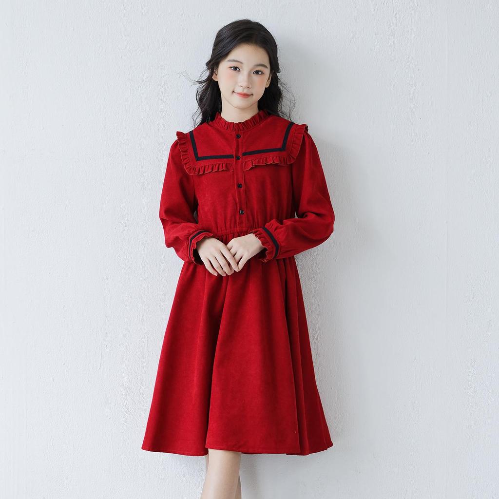 Girls' Red Ruffle Stand Collar Long Sleeve Waist-Hugging Dress for Autumn
