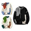 Autumn Winter Men Sweater Color Blocking Slicing Design Round Neck Loose Knitted Pullover Thick Warm Bottoming Sweater Casual Wear Work Dating Sweater