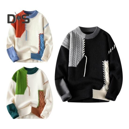 Autumn Winter Men Sweater Color Blocking Slicing Design Round Neck Loose Knitted Pullover Thick Warm Bottoming Sweater Casual Wear Work Dating Sweater