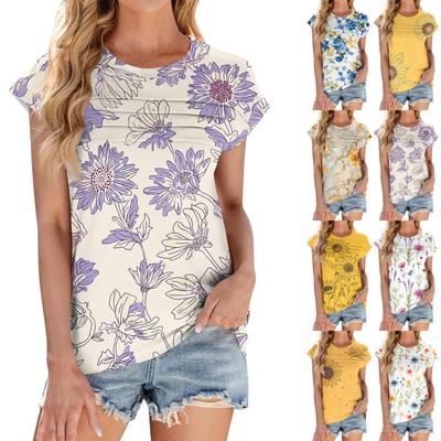 Women's Fashion Casual Short Sleeve Basic Texture Floral Round Neck T-Shirt Cap Sleeve Top